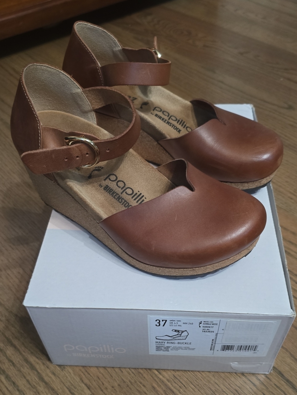 Papillio Cognac Mary Ring-Buckle Ankle Strap Wedge Sandals - Birkenstock 37